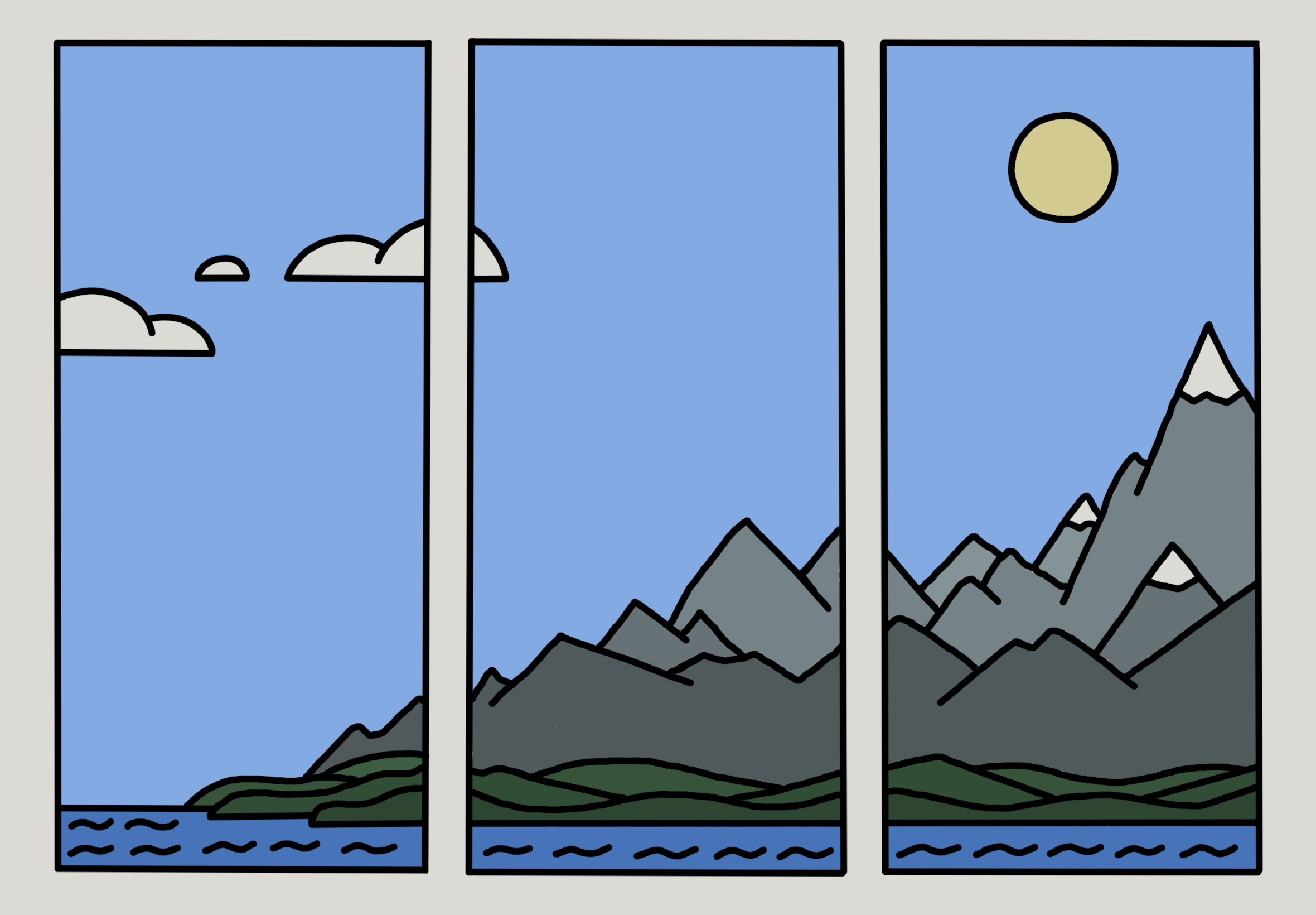 Poster used in the game UFO Chaser. The canvas is split into three tall secions depicting a side view of a stylized landscape from sea on the left, to snow capped mountains on the right.